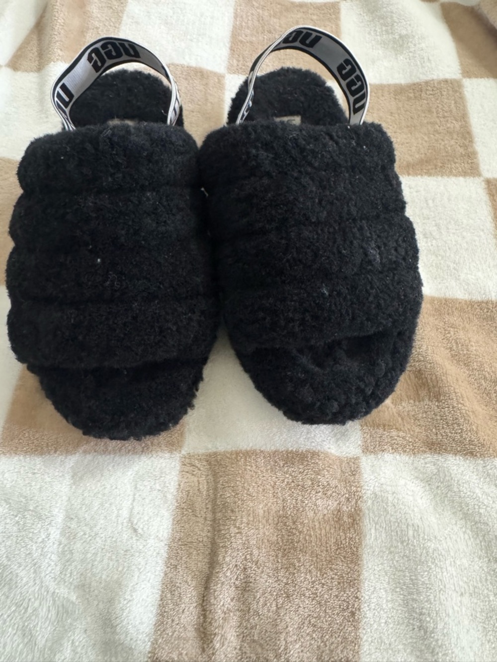 UGG Black Fuzzy Slide Sandals with Branded Elastic Strap